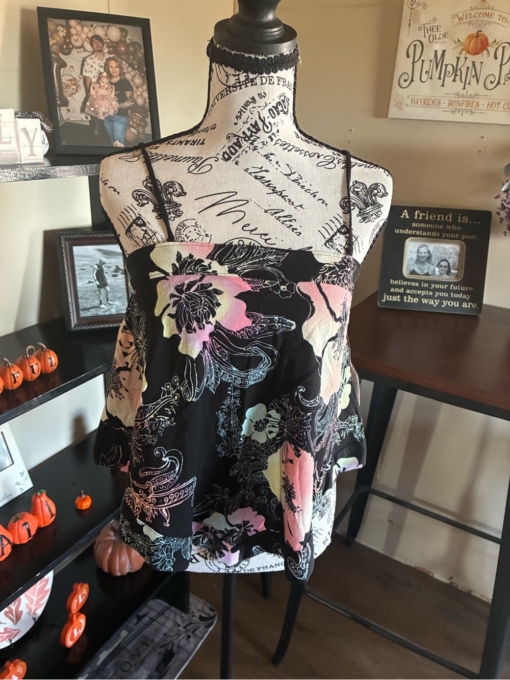 Free People Get your Love Black Floral Spaghetti-Strap Top - Multicolor Print xs - Picture 2 of 9